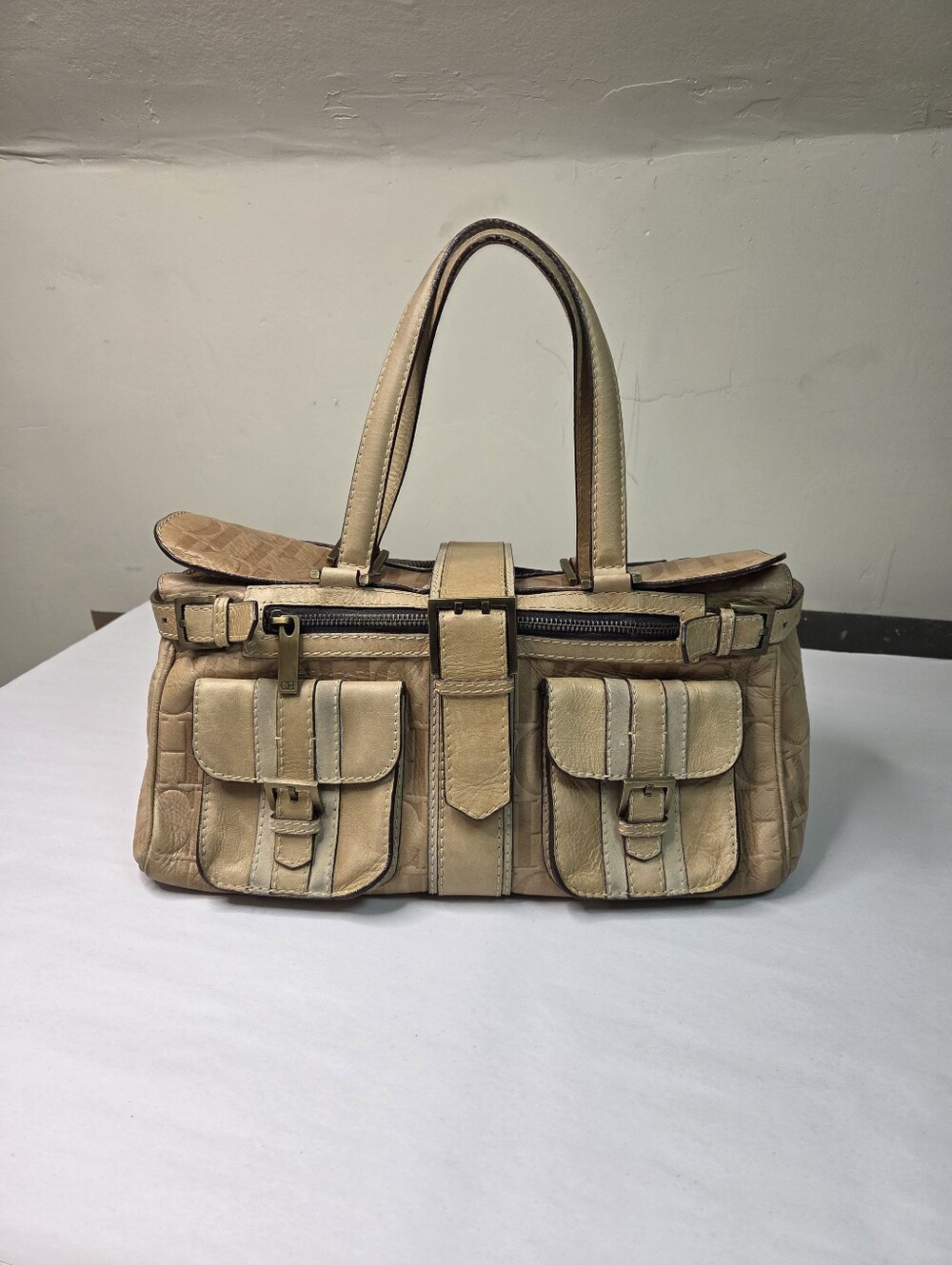 Carolina Herrera Beige Croc-Embossed Leather Satchel with Front Pockets